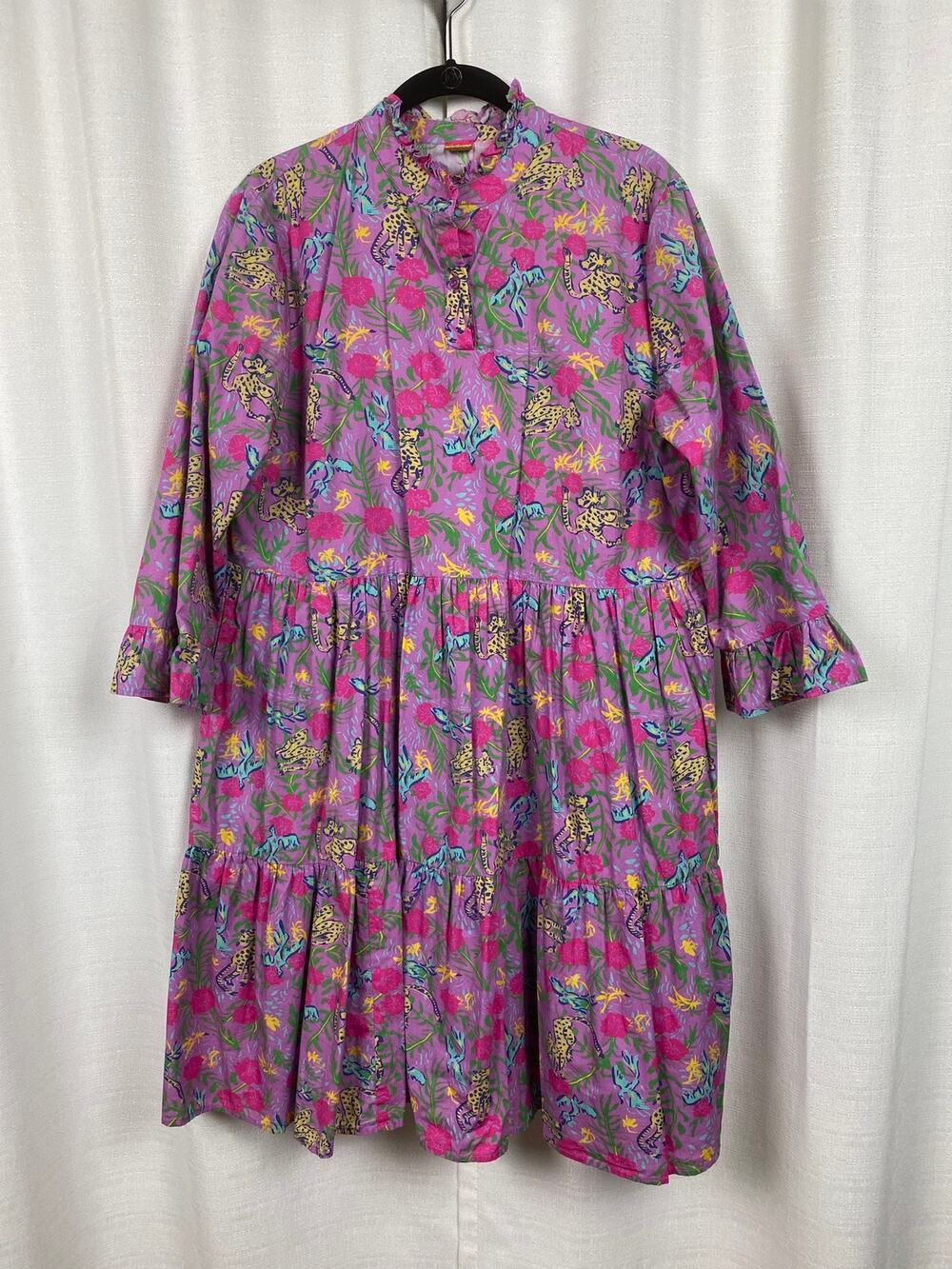 The Tiny Tassel Purple Jaguar Print Cotton Mini Dress Sz.M